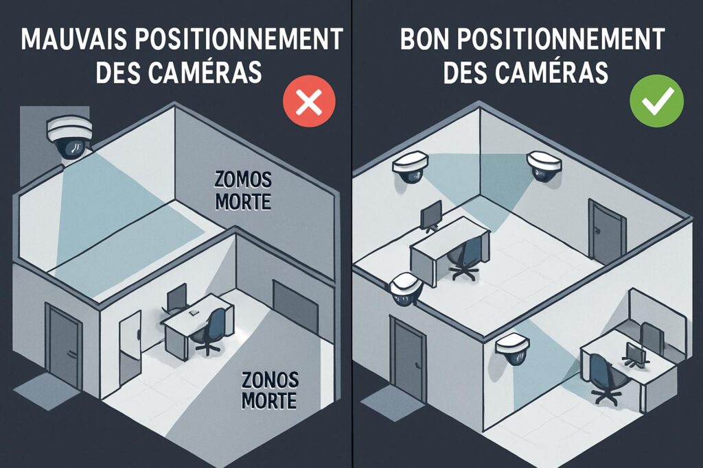 Comparaison visuelle entre un mauvais et un bon positionnement de caméras de surveillance dans un environnement de bureau, avec zones de couverture optimisées.