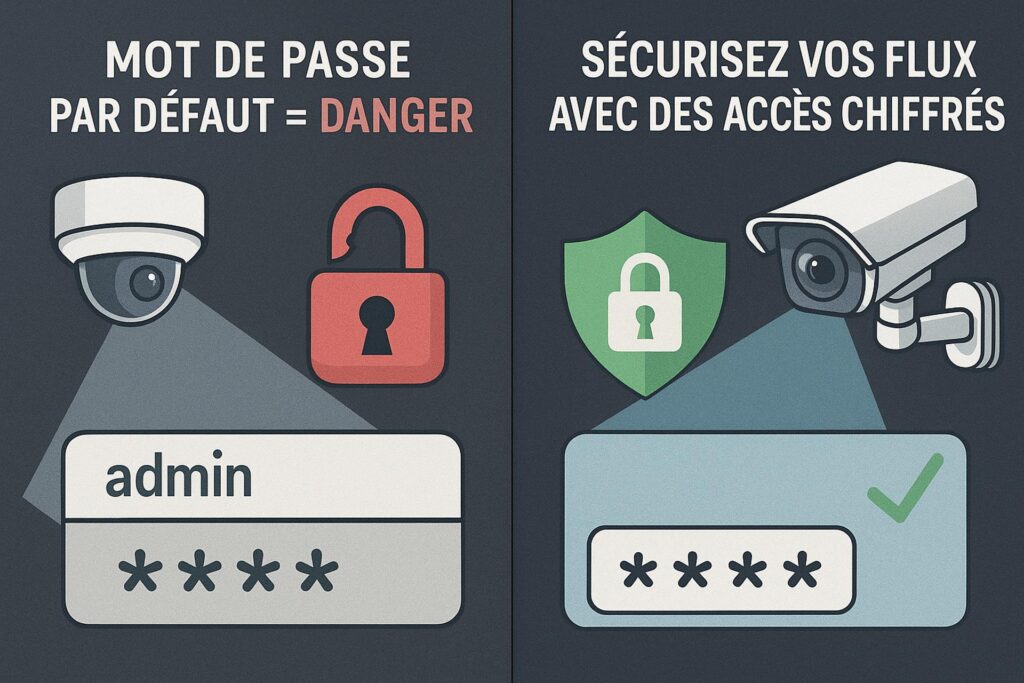 Illustration des risques liés à la cybersécurité dans la vidéosurveillance : mot de passe par défaut, accès non sécurisé, et bonnes pratiques pour protéger les caméras IP.