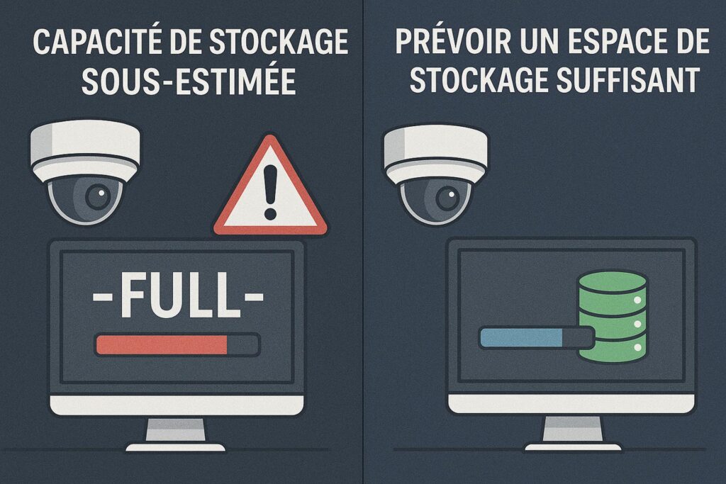Comparatif illustré entre une mauvaise estimation du stockage et une planification adéquate pour un système de vidéosurveillance avec plusieurs caméras.