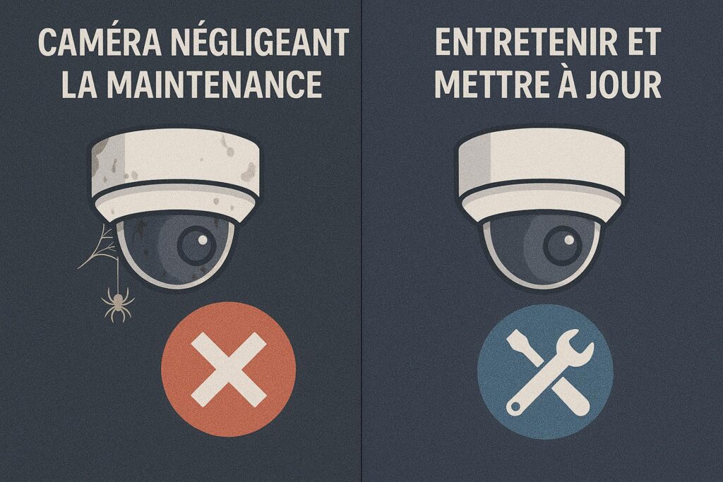 Visuel pédagogique montrant l’importance de la maintenance régulière et des mises à jour des caméras de surveillance pour assurer une sécurité continue.