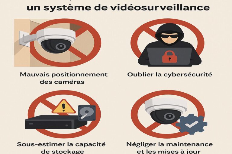Illustration des erreurs courantes à éviter lors de l’installation d’un système de vidéosurveillance en entreprise : mauvais positionnement, cybersécurité négligée, stockage sous-estimé et absence de maintenance.