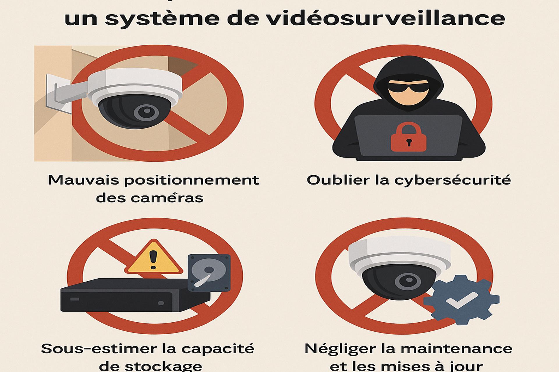 Illustration des erreurs courantes à éviter lors de l’installation d’un système de vidéosurveillance en entreprise : mauvais positionnement, cybersécurité négligée, stockage sous-estimé et absence de maintenance.